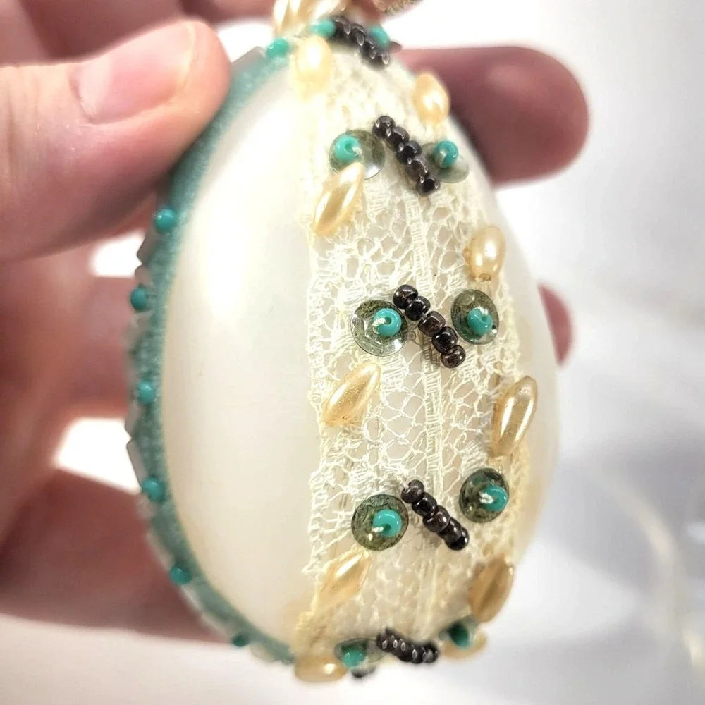 Vintage Glass Beaded Eggs Ornaments Set of 4 Embellished‎ Handcrafted Pink Green